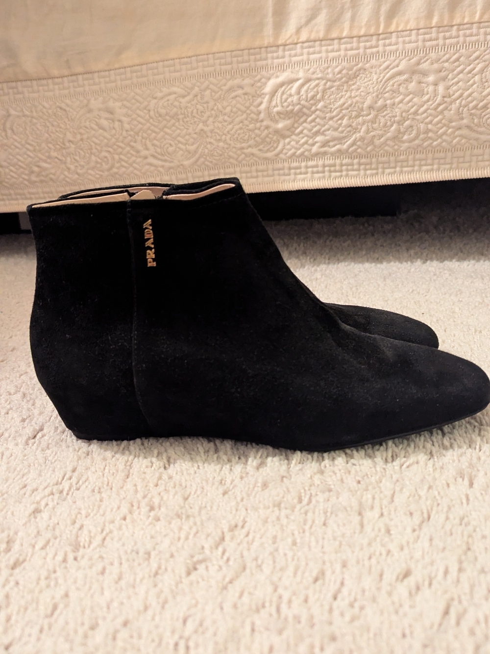Prada Black Suede Low Wedge Ankle Boots